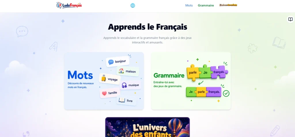LudoFrançais homepage showing the Mots (vocabulary) and Grammaire (grammar) game sections